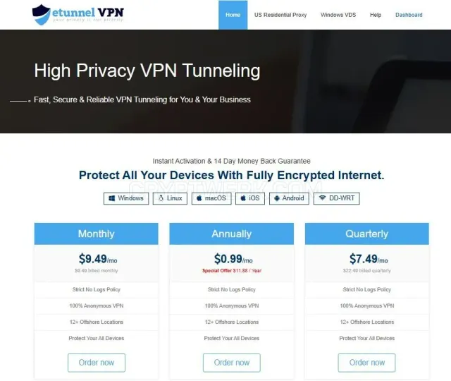 EtunnelVPN website
