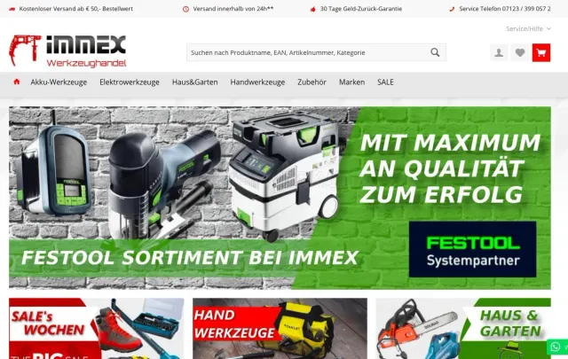 Immex Werkzeughandel website